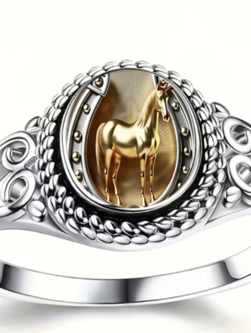 Horseshoe Lucky Horse Ring Round Glass Dome Horse Inside Glass Dome Size 9 NWT